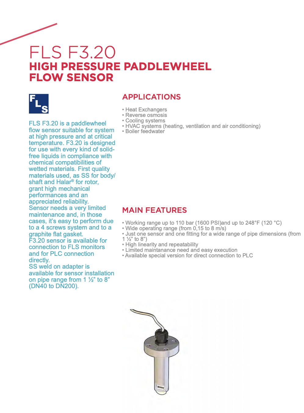 F3.20 High Pressure Paddlewheel Flow Sensor